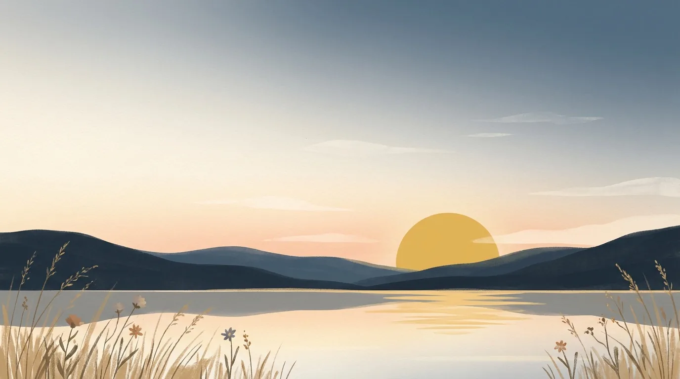 Illustrierte schottische Hügellandschaft bei Sonnenaufgang über einem stillen Loch, Wildblumen im Vordergrund